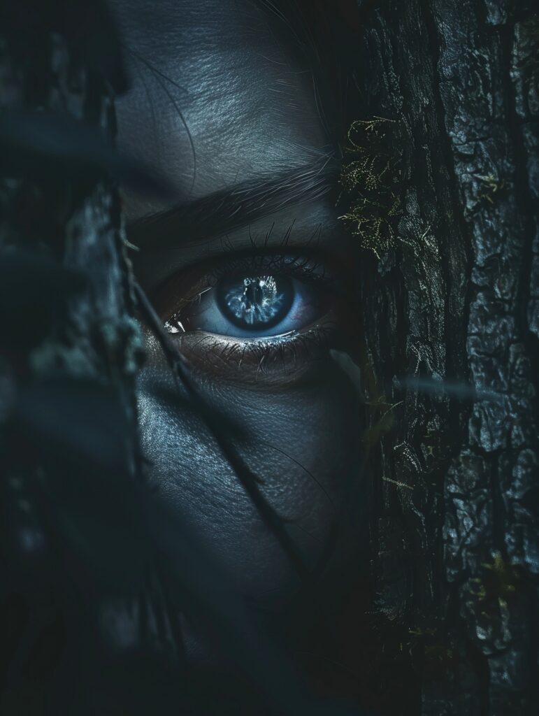 The intense glow of a pair of eyes peering out from the darkness of the forest., emotional